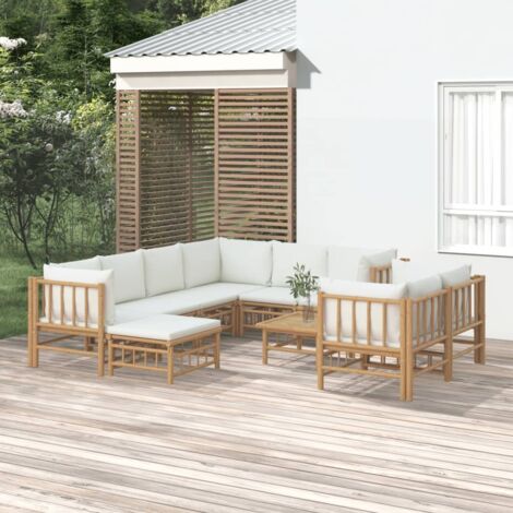 Salon de jardin 10 pcs - Ensemble Table et Chaise de Jardin - avec coussins blanc crème bambou BV334001 - BonneVie