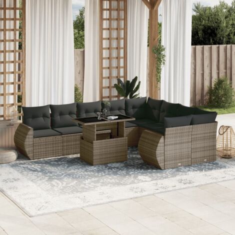Salon de jardin 10 pièces en résine tressée gris avec coussins, table réglable, modulable.