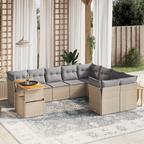Salon de jardin 10 places avec table relevable en résine tressée beige et coussins gris lavables - Ensemble modulaire pour terrasse