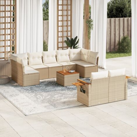 Salon de Jardin 10 Places en Résine Tressée Beige avec Coussins - Ensemble Modulaire avec Table et Rangement Intégré