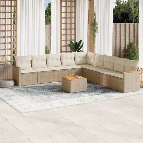 Salon de Jardin 10 Places en Résine Tressée Beige avec Coussins - Table Acacia et Sièges Modulaires