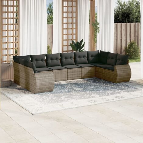 Salon de jardin 10 places en résine tressée gris avec coussins amovibles et modulaire - 2 canapés d'angle, 8 sièges