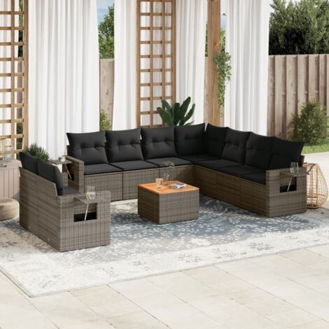 Salon de jardin 10 places en résine tressée gris avec coussins amovibles et table en acacia – Ensemble modulaire patio/terrasse