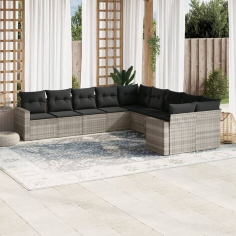 Salon de jardin 10 places en résine tressée gris clair avec rangement et coussins amovibles