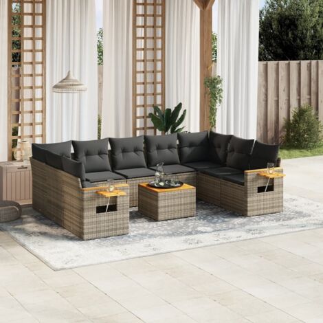 Salon de jardin 10 places en résine tressée grise avec coussins, table et rangement intégré, meuble d'extérieur modulaire et durable pour terrasse