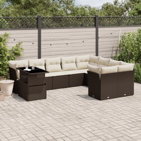 Salon de jardin 10 places en résine tressée marron avec canapés modulaires, table extensible en verre trempé et coussins lavables