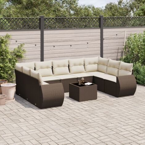 Salon de jardin 10 places en résine tressée marron avec table en verre trempé et coussins lavables crème, ensemble modulaire