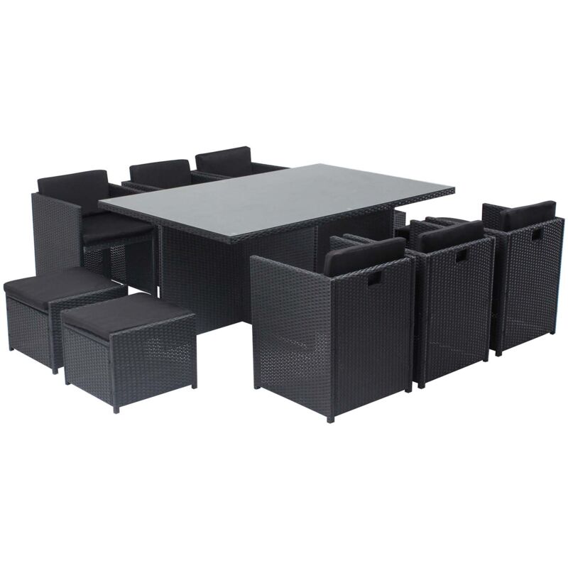 Miami 10 Noir/Noir : salon encastrable 10 personnes en résine tressée noire poly rotin