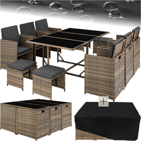 Tectake – Ensemble table et chaises de jardin 6-10 personnes – Rotin naturel avec housse – Conception encastrable pour rangement optimisé