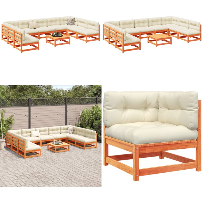 Salon de jardin 10pcs avec coussins cire marron bois pin massif - Ensemble Salon De Jardin - Canapé Extérieur - Meuble De Jardin - Mobilier De Jardin