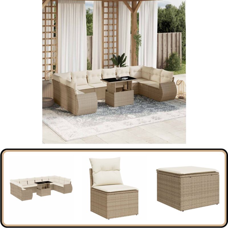 Salon de jardin 11 pcs avec coussins beige résine tressée - Ensemble Salon De Jardin - Meuble Extérieur - Salon De Jardin Beige - Table Extensible