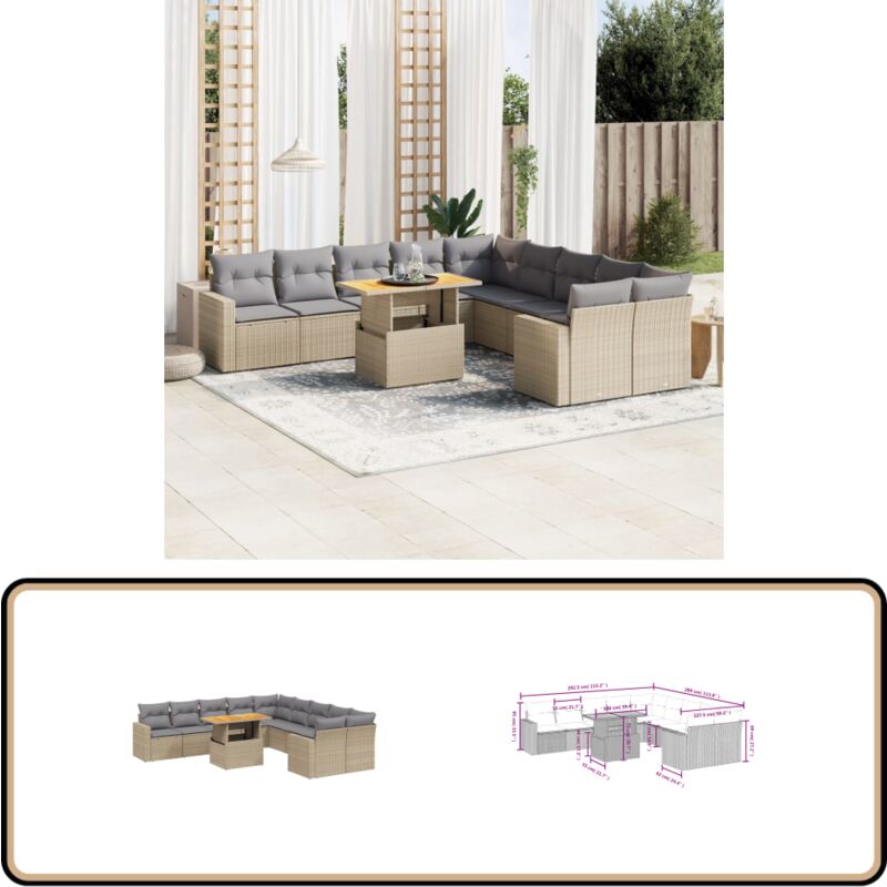 Salon de jardin 11 pcs avec coussins beige résine tressée - Ensemble Salon Jardin - Meuble Extérieur - Résine Tressée - Rotin Synthétique - Table