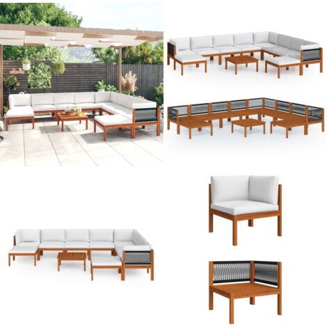 Salon de jardin 11 pcs avec coussins Crème Bois d'acacia solide - Salon De Jardin - Meuble De Jardin - Set De Salon De Jardin - Acacia Massif - Table Basse - Home & Living