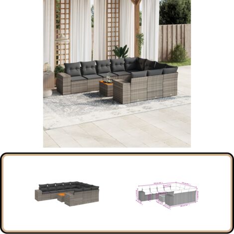 Salon de jardin 11 pcs avec coussins gris résine tressée - Ensemble Salon De Jardin - Meuble Extérieur - Jardin Design - Mobilier De Jardin - Chaise Lounge