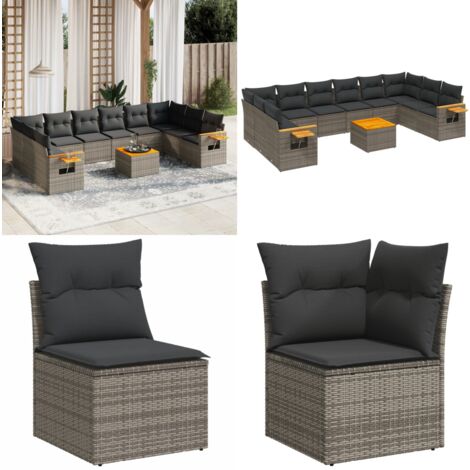 Salon de jardin 11 pcs avec coussins gris résine tressée - Ensemble Salon De Jardin - Meuble Extérieur - Jardin Design - Mobilier De Jardin - Chaise Lounge - Home & Living