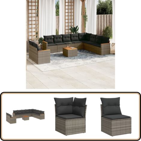 Salon de jardin 11 pcs avec coussins gris résine tressée - Ensemble Salon De Jardin - Mobilier De Jardin - Canapé Extérieur - Set De Jardin - Chaise Lounge