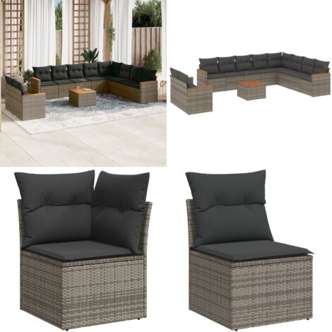 Salon de jardin 11 pcs avec coussins gris résine tressée - Ensemble Salon De Jardin - Mobilier De Jardin - Canapé Extérieur - Set De Jardin - Chaise Lounge - Home & Living
