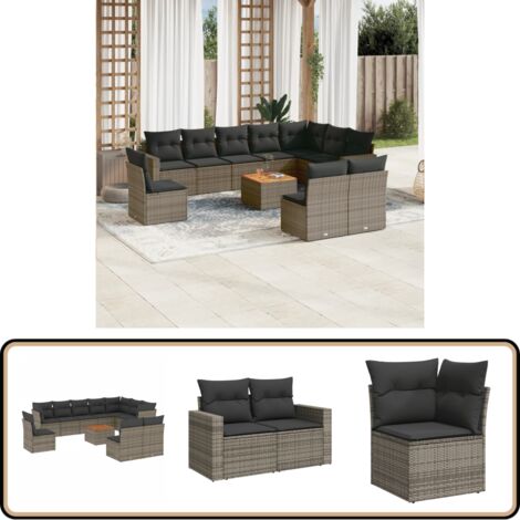 Salon de jardin 11 pcs avec coussins gris résine tressée - Ensemble Salon De Jardin - Mobilier De Jardin - Canapé Extérieur - Set De Salon - Chaise Longue