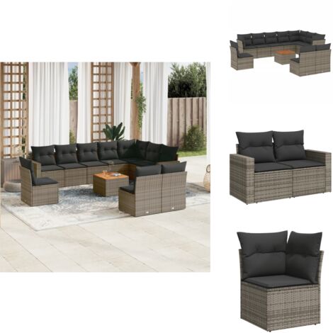 Salon de jardin 11 pcs avec coussins gris résine tressée - Ensemble Salon De Jardin - Mobilier De Jardin - Canapé Extérieur - Set De Salon - Chaise Longue