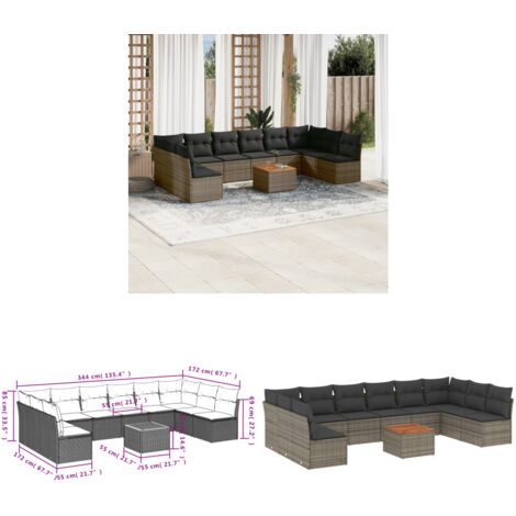Salon de jardin 11 pcs avec coussins gris résine tressée - Salon De Jardin - Mobilier De Jardin - Salon Extérieur - Set De Salon - Chaise Longue - Home & Living