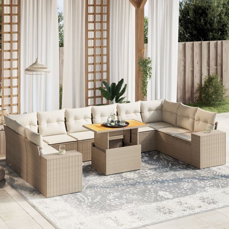 Salon de jardin 11 pcs avec coussins beige résine tressée Vidaxl
