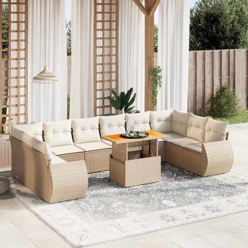 Salon de jardin 11 pcs avec coussins beige résine tressée Vidaxl
