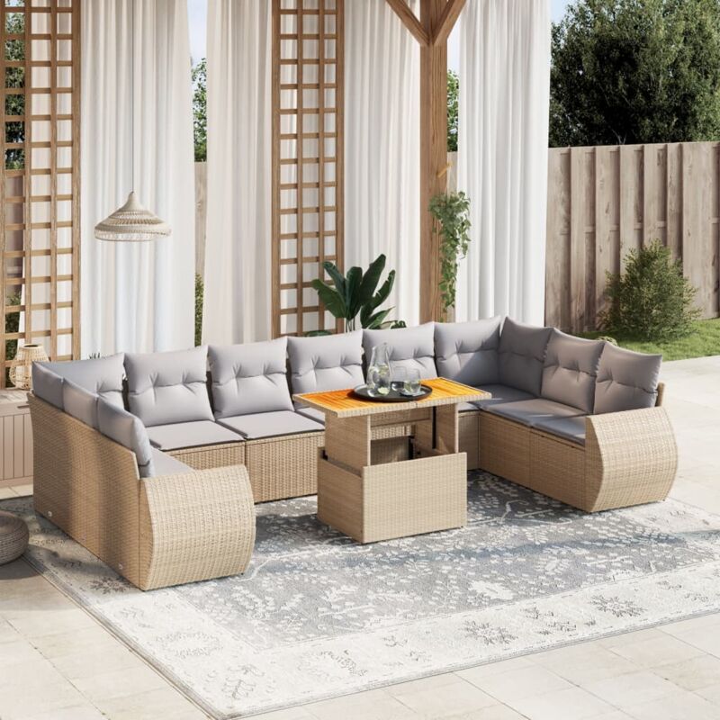 Salon de jardin 11 pcs avec coussins beige résine tressée - Vidaxl