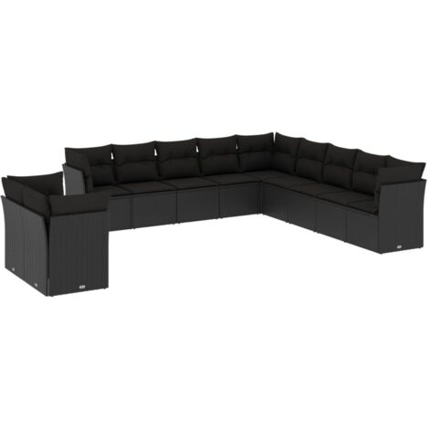 Salon de jardin 11 pcs avec coussins noir résine tressée