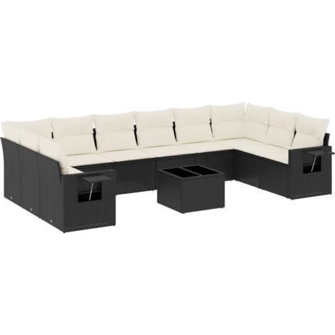 Salon de jardin 11 pcs avec coussins noir résine tressée