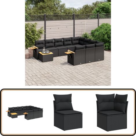 Salon de jardin 11 pcs avec coussins noir résine tressée - Ensemble Salon De Jardin - Meuble Extérieur - Jardin Design - Mobilier De Jardin - Chaise Lounge
