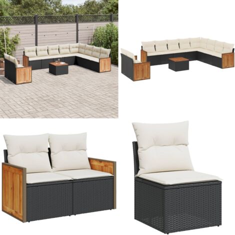 Salon de jardin 11 pcs avec coussins noir résine tressée - Ensemble Salon De Jardin - Meuble Extérieur - Jardin Design - Mobilier De Jardin - Chaise Lounge - Home & Living