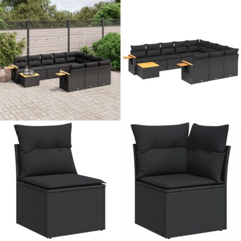 Salon de jardin 11 pcs avec coussins noir résine tressée - Ensemble Salon De Jardin - Meuble Extérieur - Jardin Design - Mobilier De Jardin - Chaise Lounge - Home & Living