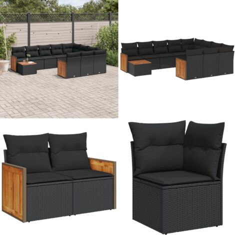 Salon de jardin 11 pcs avec coussins noir résine tressée - Ensemble Salon De Jardin - Meuble Extérieur - Salon De Jardin Pliable - Fauteuil De Jardin - Table Basse - Home & Living