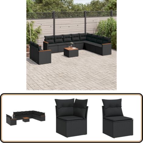 Salon de jardin 11 pcs avec coussins noir résine tressée - Ensemble Salon De Jardin - Mobilier De Jardin - Canapé Extérieur - Table Basse Jardin - Chaise Lounge