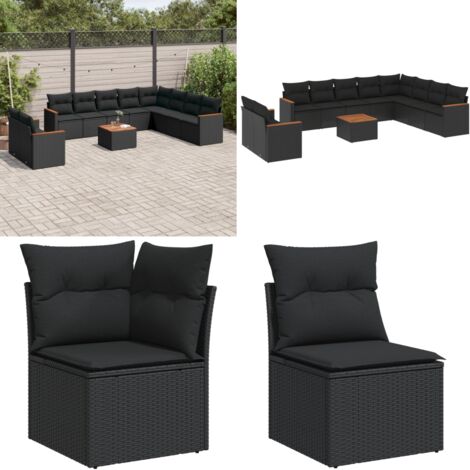 Salon de jardin 11 pcs avec coussins noir résine tressée - Ensemble Salon De Jardin - Mobilier De Jardin - Canapé Extérieur - Table Basse Jardin - Chaise Lounge - Home & Living