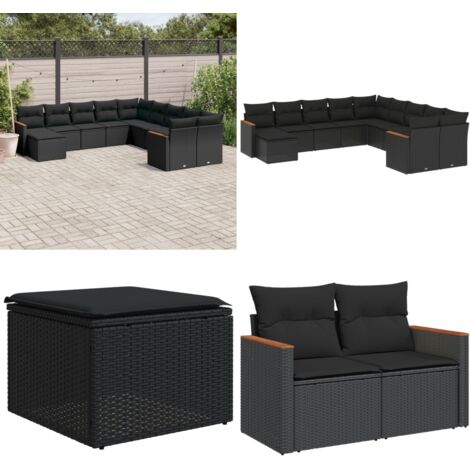 Salon de jardin 11 pcs avec coussins noir résine tressée - Ensemble Salon De Jardin - Mobilier De Jardin - Salon Extérieur - Canapé Jardin - Chaise Lounge - Home & Living