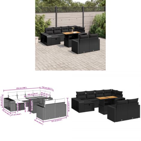 Salon de jardin 11 pcs avec coussins noir résine tressée - Ensemble Salon De Jardin - Mobilier De Jardin - Table De Jardin Extensible - Chaise Lounge - Fauteuil Extérieur - Home & Living