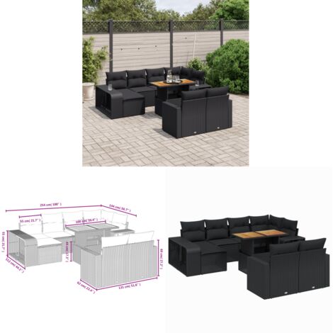 Salon de jardin 11 pcs avec coussins noir résine tressée - Ensemble Salon De Jardin - Mobilier De Jardin - Table De Jardin Extensible - Chaise Lounge - Set De Jardin - Home & Living