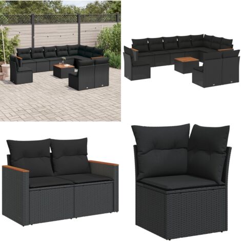 Salon de jardin 11 pcs avec coussins noir résine tressée - Ensemble Salon De Jardin - Mobilier Extérieur - Jardin Design - Chaise Longue - Table Basse - Home & Living
