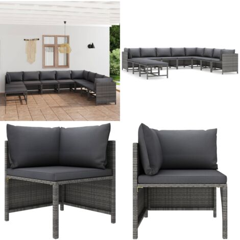 Salon de jardin 11 pcs avec coussins Résine tressée Gris - Salon De Jardin - Mobilier De Jardin - Ensemble De Salon - Meubles De Jardin - Résine Tressée - Home & Living