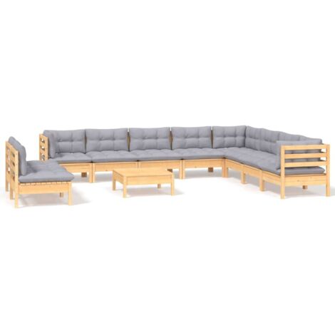 Salon de jardin 11 pcs Contemporain, Ensemble repas de jardin, avec coussins gris Bois de pin solide OIB7349E