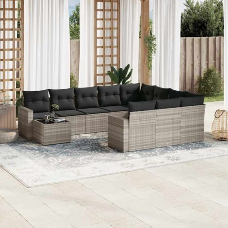 Salon de jardin 11 pcs en résine tressée gris clair avec coussins amovibles et table en verre trempé