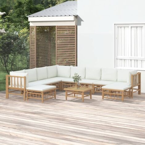 Salon de jardin 11 pcs - Ensemble Table et Chaise de Jardin - avec coussins blanc crème bambou BV258432 - BonneVie