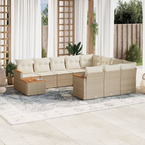 Salon de Jardin 11 pièces en Résine Tressée Beige avec Coussins