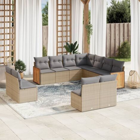 Salon de Jardin 11 Pièces en Résine Tressée Beige avec Coussins Crème - Canapés, Fauteuils et Coin Repos Modulables pour Terrasse
