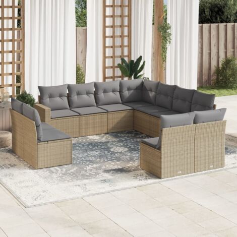 Salon de Jardin 11 Pièces en Résine Tressée Beige avec Coussins Gris, Modulaire avec Sièges à Rangement et Coffre Imperméable