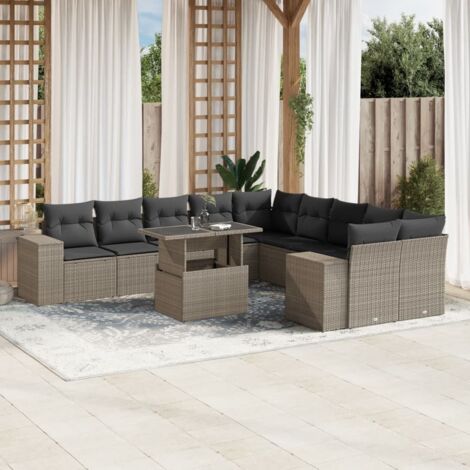 Salon de jardin 11 pièces en résine tressée gris clair avec coussins amovibles, table réglable et structure en acier