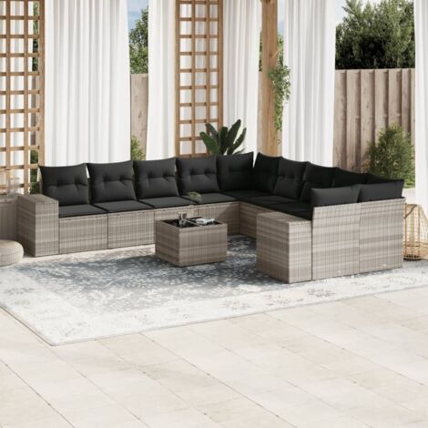 Salon de jardin 11 pièces en résine tressée gris clair avec coussins et dessus verre