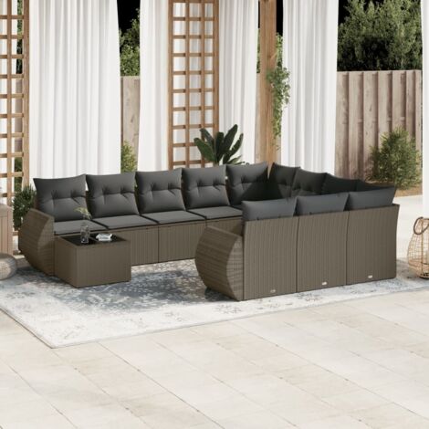 Salon de jardin 11 pièces en résine tressée gris clair avec coussins gris foncé et rangements