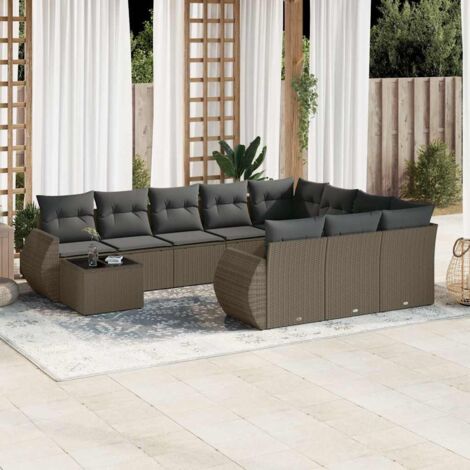 Salon de Jardin 11 Pièces en Résine Tressée Gris Clair avec Coussins, Table en Verre Trempé, Modulaire et Confortable